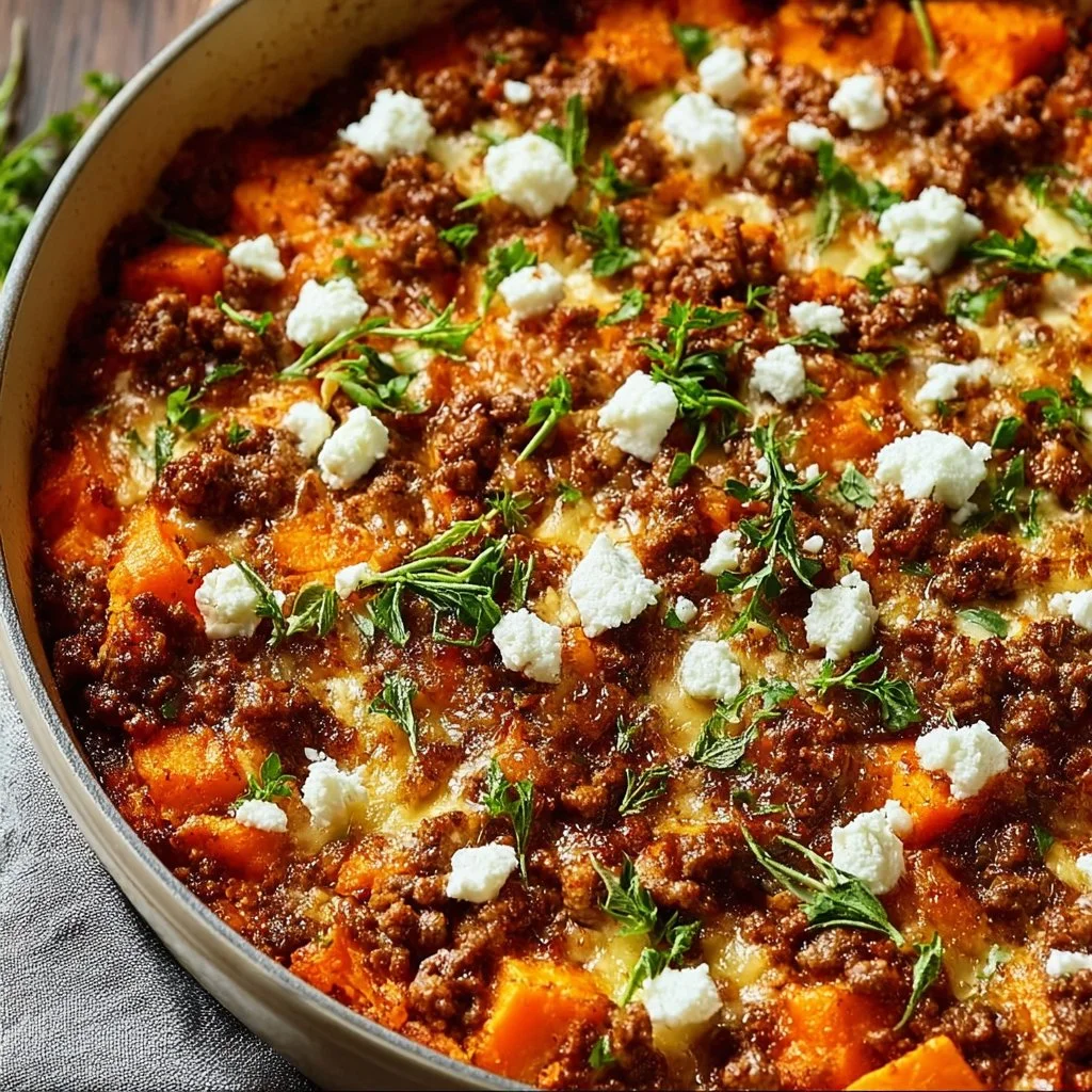Süßkartoffel-Hackfleisch-Auflauf mit Feta