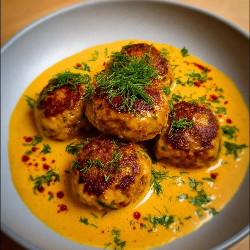 Vegane Linsenknödel serviert in cremiger Curry-Sauce
