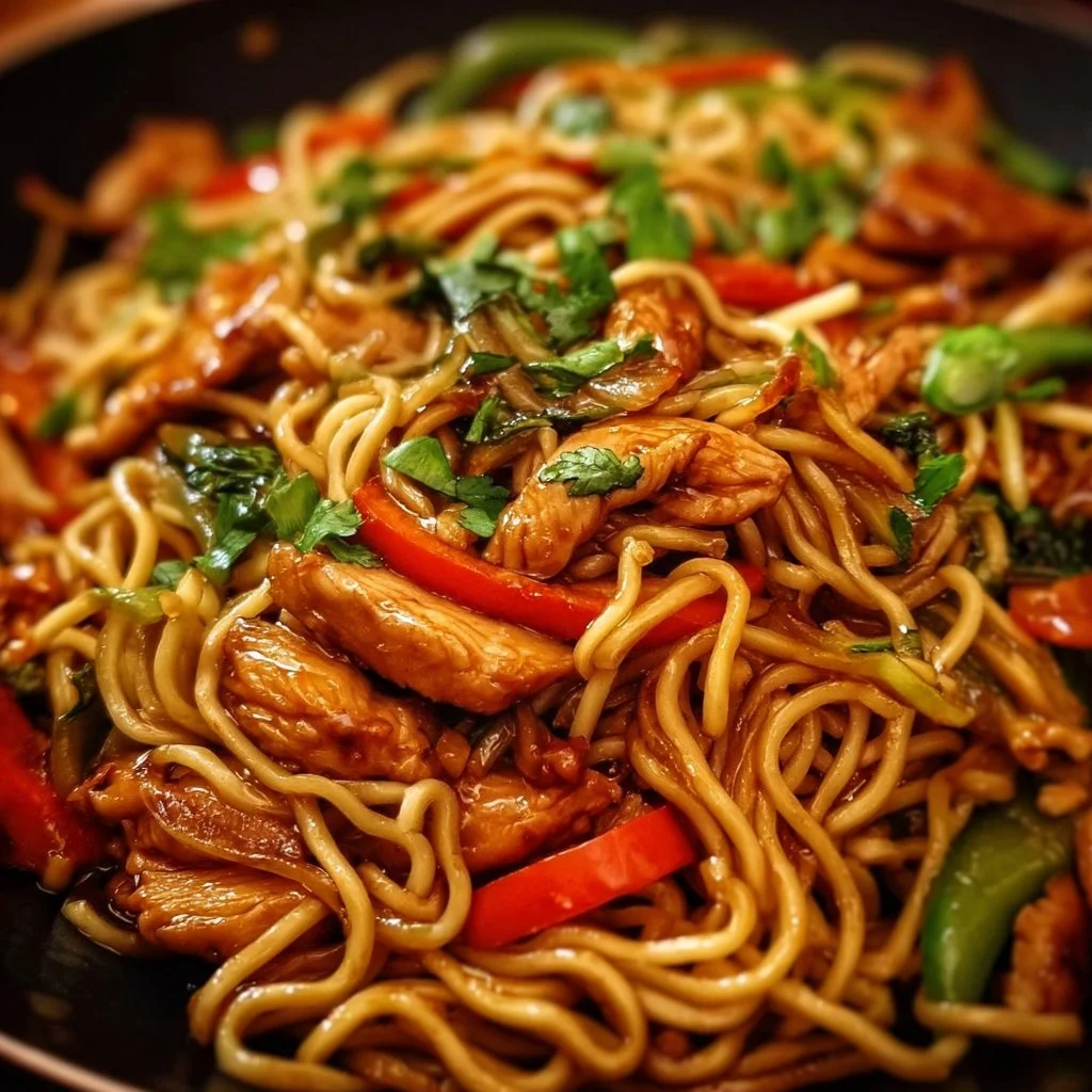 Leckere Teriyaki Hähnchen Nudeln auf einem Teller serviert