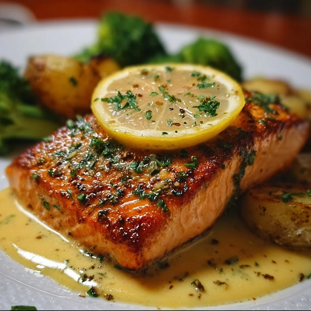 Zitronenbutterlachs auf einem Teller mit Kräutern dekoriert.